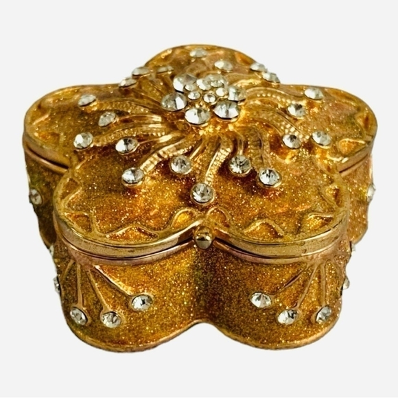 Jewelry Trinket Layered Crystals Golden Metal Jewelry Box Flower Design Trinket - Picture 3 of 7